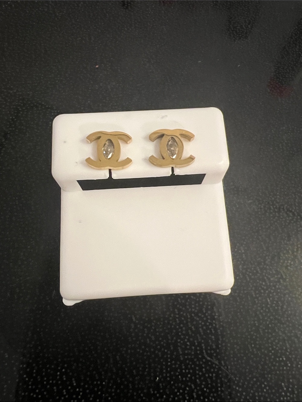 CHANEL Gold-Tone Double C Crystal Stud Earrings